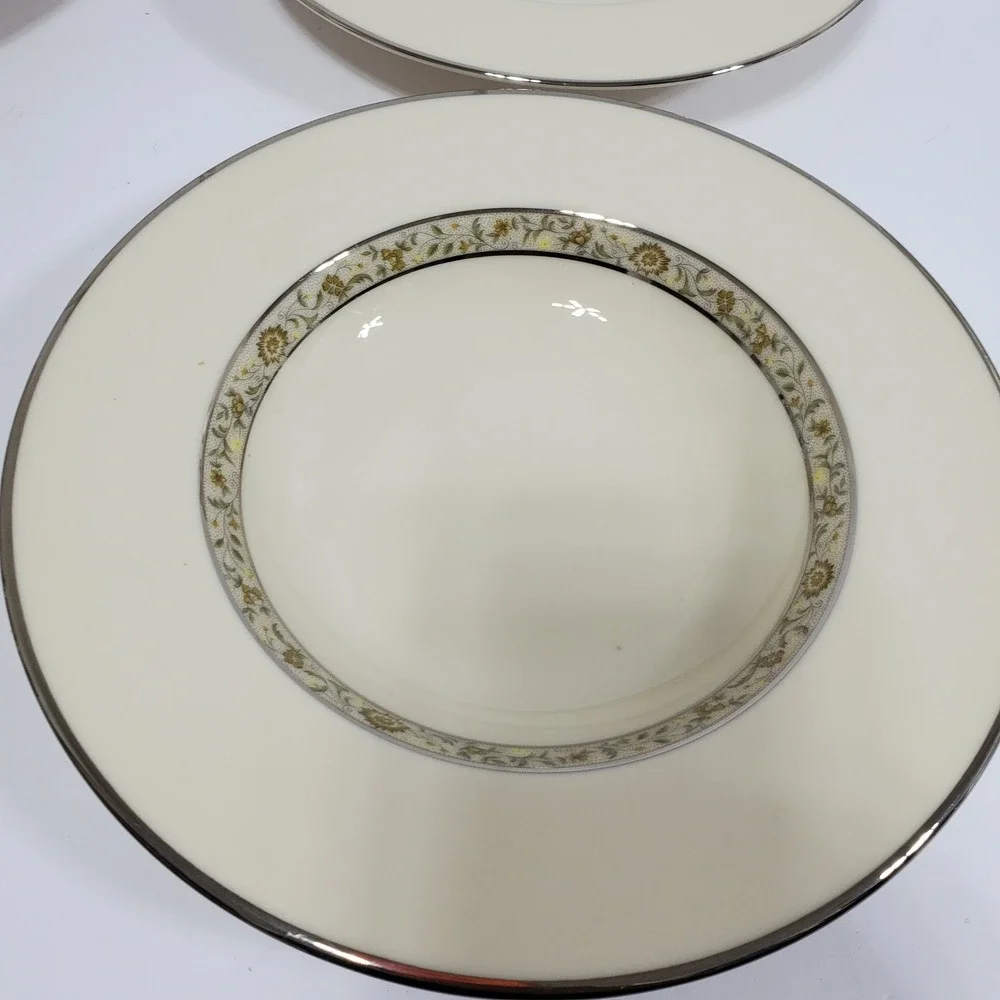 Lenox Springdale Rimmed Soup Bowls Set of 4 Ivory Platinum Trim Floral Pattern